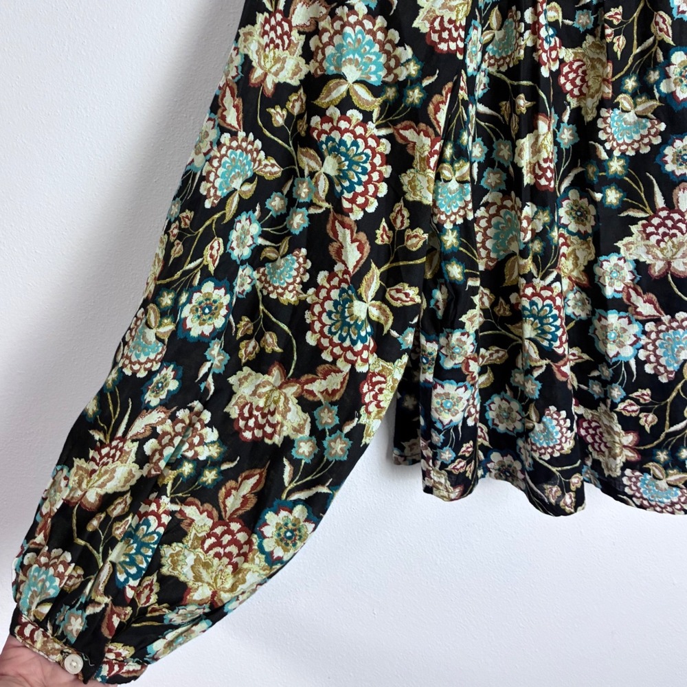 A.N.A. Black Teal Floral Boho Peasant Blouse Top L Cotton - Picture 4 of 10